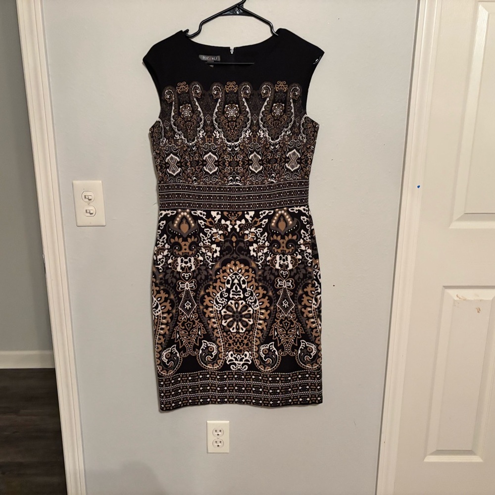 Roz & Ali Black and Brown Paisley Midi Sheath Dress